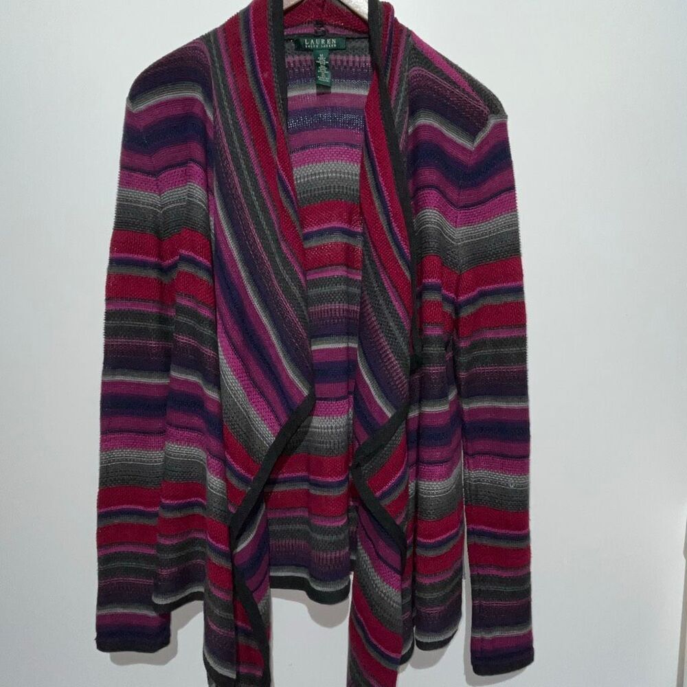 Lauren Ralph Lauren Striped Open Front Cardigan Berry Purple Cotton Linen Medium